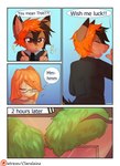 2017 anthro aoizuri blush business_suit canid canine canis clothing comic comic_panel dialogue digital_drawing_(artwork) digital_media_(artwork) domestic_dog duo english_text eyes_closed eyewear femboy glasses hair hi_res male male_(lore) mammal multicolored_hair necktie nodding orange_hair speech_bubble suit text time_skip two_tone_hair