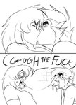 anthro ben_(jordo) bodily_fluids comic dialogue disgust domestic_cat duo eyewear felid feline felis george_(jordo) glasses hi_res human jordo_(artist) kissing male male/male mammal monochrome saliva saliva_string speech_bubble text