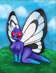 antennae_(anatomy) anthro blue_sky breasts butt butterfree fangs female generation_1_pokemon hands_on_ground hi_res insect_wings lepidopteran_wings lying meadow nintendo nipples nude nude_anthro nude_female on_side outside pokemon pokemon_(species) purple_body purple_nipples red_eyes sky smile solo teeth trashpandaheals wings