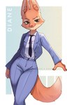 anthro business_suit canid canine clothing diane_foxington digital_media_(artwork) dreamworks english_text eyebrow_piercing facial_piercing female fluffu_(artist) fox fox_tail green_eyes grin mammal necktie piercing simple_background smile solo suit text the_bad_guys