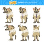 1:1 anthro belly black_nose boss_(twende) brown_body brown_fur clothing english_text fur hi_res hyena male mammal model_sheet necktie official_art ryan_vaneyk sad shirt slightly_chubby solo text topwear turnaround twende_(series)