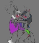 anthro bat black_hair blush braided_hair canid canine canis ceyemeka duo eyeliner femboy hair hands_behind_head hi_res hug kissing makeup male male/male mammal megabat steban_(ceyemeka) surprise_kiss surprised_expression tail val_(ceyemeka) white_hair wings wolf