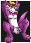 anthro big_feet bulge clothing dipodid fang_the_hunter fatalsyndrome feet fur grumpy half-closed_eyes hands_behind_back hat headgear headwear hi_res jerboa male mammal narrowed_eyes purple_body purple_fur rodent sega sharp_teeth solo sonic_the_hedgehog_(series) teeth tongue tongue_out underwear white_body white_fur