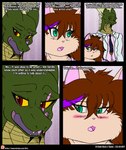 2017 anthro belt blush brown_hair clothing colored comic domestic_cat dragon duo english_text felid feline felis female green_body green_scales hair hi_res if_hell_had_a_taste male mammal marci_hetson muscular muscular_anthro muscular_male mythological_creature mythological_scalie mythology necktie obese obese_anthro obese_female open_mouth overweight overweight_anthro overweight_female red_eyes scales scalie scar skylar_fidchell suit suit_and_tie teal_eyes text towel url viroveteruscy yellow_body yellow_scales yellow_sclera