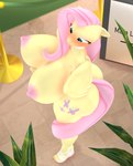 3d_(artwork) anthro anthrofied areola big_breasts big_butt biped blush breasts butt digital_media_(artwork) equid equine female fluttershy_(mlp) friendship_is_magic hair hasbro hi_res huge_breasts huge_butt mammal my_little_pony nipples pink_areola pink_hair pink_nipples purplefondue solo standing thick_thighs yellow_body