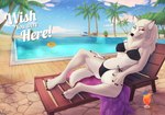 2024 anthro beverage bikini black_bikini black_clothing black_nose black_swimwear breasts canid canine canis clothing day digital_media_(artwork) female fur grey_body grey_fur hand_on_leg hand_on_thigh hi_res kovat looking_at_viewer lying lying_on_chair mammal neck_tuft on_back outside palm_tree plant pool_chair poolside postcard rayne_(antillion123) signature solo swimming_pool swimwear tail text towel tree tuft two-piece_swimsuit wolf yellow_eyes