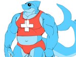 2024 anthro biped bottomwear clothed clothing daire301 digital_drawing_(artwork) digital_media_(artwork) epic_games eyewear fish fortnite lifeguard lifeguard_swimsuit male marine muscular muscular_anthro muscular_male red_bottomwear red_clothing red_topwear safety_first_steve_(fortnite) shark sharp_teeth simple_background sketch smile solo sunglasses teeth topwear white_background