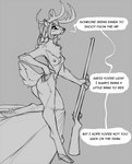 2022 anthro antlers bed breasts deer dialogue digital_drawing_(artwork) digital_media_(artwork) eliza_(sharkrags) english_text female furniture gun hand_on_hip horn hunting_rifle looking_at_viewer mammal monochrome ranged_weapon solo speech_bubble talking_to_viewer text watsup weapon