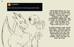 absurd_res anthro ask_blog butt dylan_(zourik) english_text ethan_(zourik) flashback generation_6_pokemon generation_7_pokemon hi_res licking licking_lips licking_own_lips line_art male mega_charizard mega_charizard_y mega_evolution mentioned_character nintendo pokemon pokemon_(species) sketch solo text tongue torracat zourik