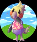 2020 ambient_bird ambiguous_gender animal_crossing anthro avian balloon beak bird blue_sky bottomless box chibi clothed clothing cloud cockatiel cockatoo container day detailed_background digital_drawing_(artwork) digital_media_(artwork) dot_eyes eyebrows eyelashes feathered_crest feathers featureless_crotch floral_shirt full-length_portrait gift_box grass grey_beak grey_body grey_feathers head_crest inflatable jaspering nintendo outside parrot pink_clothing pink_shirt pink_topwear plant portrait shaded shirt signature sky soft_shading solo standing tail tail_feathers topwear yellow_body yellow_feathers