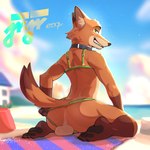 4_toes anthro anus backsack balls beach bikini butt canid canine clothed clothing crossdressing disney feet femboy fox fur genitals hi_res jrjresq male mammal mostly_nude nick_wilde orange_body orange_fur smile solo swimwear toes two-piece_swimsuit zootopia