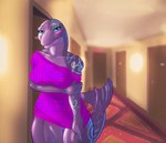 absurd_res anthro blush cetacean clothing dolphin drake_tigerclaw dress female hi_res inside looking_at_viewer mammal margo_jollier marine solo standing tail toothed_whale