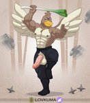 5_fingers abs anthro anthrofied balls bamboo beak biceps big_balls big_penis black_bottomwear black_clothing black_footwear black_pants bodily_fluids bottomwear brown_body brown_feathers brown_nipples clothed clothing farfetch'd feathers fingers food footwear foreskin generation_1_pokemon genital_fluids genitals half-erect hi_res holding_food holding_leek holding_object holding_onion holding_vegetable humanoid_genitalia humanoid_penis leek lovkuma male muscular muscular_anthro muscular_male nintendo nipples onion pants partially_clothed pecs penis penis_poking_out penis_through_fly plant pokemon pokemon_(species) pokemorph precum precum_string ranged_weapon shuriken solo sweat vegetable vein veiny_penis weapon wings