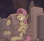 2023 absurd_res bat_pony bite city city_destruction cutie_mark destruction digital_media_(artwork) equid female feral flutterbat_(mlp) fluttershy_(mlp) friendship_is_magic glowing glowing_eyes hair hasbro hi_res hooves macro mammal my_little_pony night pink_hair rapidstrike red_eyes sitting solo underhoof yellow_body