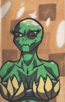 alien bald bald_female bald_head big_breasts black_eyes breasts colored elemental_creature female flora_fauna floran glistening glistening_head green_body green_skin hi_res humanoid marker_(artwork) markings mole_(marking) plant solo starbound traditional_media_(artwork) xemxemgulion