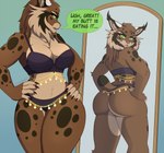 anthro big_breasts big_butt bra breasts brown_body brown_fur brown_spots butt chain claws clothing curvy_figure dialogue ear_tuft energyvector felid feline female fur gold_(metal) gold_chain gold_jewelry green_eyes hair hands_on_hips iberian_lynx jewelry lingerie looking_at_butt looking_at_mirror looking_at_object looking_at_own_butt looking_at_self lynx mammal mirror multicolored_body multicolored_fur muscular muscular_anthro muscular_female panties purple_clothing purple_lingerie purple_panties purple_thong purple_underwear push_up_bra ronja_lo short_hair short_tail solo speech_bubble spots tail text thick_thighs thong tuft two_tone_body two_tone_fur underwear white_body white_fur wide_hips