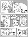 2019 3:4 6_panel_comic ambiguous_gender antennae_(anatomy) anthro bayani_(yapc) black_and_white black_eyes black_nose black_text celebi celebi_(yapc) cheek_spots claws comic dialogue digital_media_(artwork) eevee ellipsis english_text exclamation_point eyebrows finger_claws flavia-elric fur furniture generation_1_pokemon generation_2_pokemon group hand_on_mouth inner_monologue legendary_pokemon looking_at_another lux_(yapc) monochrome mouth_closed neil_(yapc) nintendo open_mouth pawpads paws pichu pokemon pokemon_(species) pokemon_mystery_dungeon question_mark sound_effects speech_bubble spike_chunsoft table talking_to_another text thinking thoughtful_expression wartortle white_sclera wings wood wood_furniture wood_table