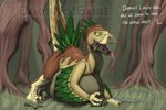 2020 abdominal_bulge ambiguous_gender bodily_fluids brown_body brown_feathers claws deinonychus dialogue digital_media_(artwork) dinosaur doesnotexist dromaeosaurid drooling english_text feathers feral forest grass green_body green_feathers grey_body grey_scales hi_res lacertius offscreen_character open_mouth plant prehistoric_species pupils raised_tail reptile saliva saliva_string scales scalie signature slit_pupils solo tail tan_body tan_feathers tan_scales text theropod tongue tongue_out tree vore watermark yellow_eyes