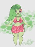 2020 anthro artist_name big_breasts breasts brown_eyes chikorita clothed clothing english_text eyelashes female fingers flower generation_2_pokemon green_body green_text hi_res latiar looking_at_viewer nintendo number open_mouth open_smile plant pokemon pokemon_(species) simple_background smile solo standing text tongue white_sclera wide_hips