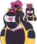 2024 anthro bear big_breasts black_body blush blush_stickers bottomwear breasts cleavage cleavage_overflow clothed clothed_anthro clothed_female clothing coat cuddly_(fortnite) dewwydarts dialogue digital_media_(artwork) english_text epic_games female fortnite heart_symbol hood mammal open_mouth overweight overweight_anthro overweight_female portrait raven_team_leader shorts simple_background solo standing text three-quarter_portrait topwear white_background wide_hips