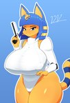 2024 4_fingers absurd_res animal_crossing ankha_(animal_crossing) anthro big_breasts blue_eyes blue_hair breasts clothed clothing cosplay domestic_cat felid feline felis female fingers fur gun hair haydee_(game) hi_res holding_object holding_weapon huge_breasts i3i2455_ivi394 looking_at_viewer mammal nintendo nipple_outline ranged_weapon simple_background solo tail thick_thighs weapon wide_hips yellow_body yellow_fur