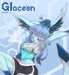 anthro arms_stretched blue_body blue_clothing blue_eyes blue_hair bottomwear clothing crop_top dolphin_shorts eeveelution female generation_4_pokemon glaceon hair hands_behind_head hi_res inner_ear_fluff multicolored_hair navel nintendo noruru3737 one_eye_closed pokemon pokemon_(species) shirt shorts solo stretching topwear translucent translucent_clothing tuft two_tone_hair