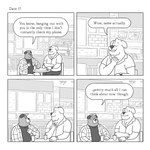 1:1 2023 anthro bodily_fluids canid canine canis clothing comic detailed_background dialogue domestic_dog duo english_text hi_res humanoid_hands inside lukehealy male mammal overweight overweight_male shirt sitting sweat text topwear