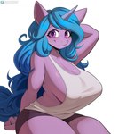 2024 anthro big_breasts biped blue_hair blush bottomwear breasts closed_smile clothed clothing cooliehigh equid equine female hair hasbro hi_res horn izzy_moonbow_(mlp) looking_at_viewer mammal mlp_g5 mouth_closed my_little_pony mythological_creature mythological_equine mythology pupils purple_body purple_eyes side_boob simple_background smile smiling_at_viewer solo topwear unicorn white_background