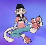 3_toes ambiguous_gender anthro barefoot beanie blush blush_lines bottomwear chain claws clothing cloud_nine_(fortnite) costume curling_toes denim denim_bottomwear denim_clothing domestic_cat ear_piercing ear_ring ears_down epic_games eyelashes eyelids feet felid feline felis female_(lore) foot_fetish foot_focus foot_grab fortnite fur glistening glistening_eyes hat headgear headwear hi_res hindpaw hoodie jeans jewelry legs_up lidded_eyes long_tail looking_at_viewer mammal meow_skulls necklace onlypaws pants pawpads paws piercing pink_clothing pink_pawpads pink_shirt pink_topwear pivoted_ears presenting purple_background raised_leg ring_piercing shirt simple_background sitting sketch skinny smile smug soles solo sparkles sparkling_eyes spread_legs spread_toes spreading striped_sleeves tail toe_claws toes tongue tongue_out topwear torn_bottomwear torn_clothing torn_jeans torn_pants torn_shirt torn_topwear watermark white_body white_fur wrinkled_feet wrinkles