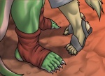 ambiguous_gender anthro bomb_(artist) canid canine cave claws clothing duo feet footwear green_body hindpaw implied_kiss leg_focus legwear lizard mammal paws reptile sandals scalie shoes socks standing stirrup_socks tail