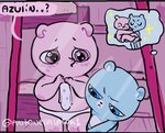 anthro antonellalalok1 azulin_(unicorn_wars) bear blue_body blue_eyes clothing comic dialogue duo gordi_(unicorn_wars) inside mammal pink_body pink_eyes spanish_text text underwear unicorn_wars