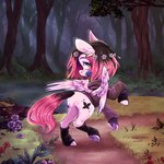 1:1 2022 amazing_background ambiguous_feral ambiguous_gender arkay9 black_clothing black_hair black_leg_warmers black_legwear clothing cutie_mark daisy_(flower) detailed detailed_background digital_media_(artwork) digital_painting_(artwork) equid equine fan_character feet feral flower flower_crown forest forget-me-not_(flower) fur green_eyes hair hasbro hi_res holding_flower holding_object hoodie hooves leg_warmers legwear looking_at_viewer looking_back looking_back_at_viewer mammal mouth_hold my_little_pony mythological_creature mythological_equine mythology nature nonbinary_(lore) pegasus periwinkle_(flower) pink_hair pixie_petal plant quadruped shaded solo tail topwear tree white_body white_fur wings