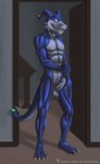 abs anthro athletic athletic_anthro athletic_male balls bandai_namco blue_body blue_eyes blue_skin blush claws color_edit colored digimon digimon_(species) door erection fan_character flamedramon foreskin front_view genitals giancarlo_rosato hasbro hi_res humanoid_genitalia humanoid_penis long_foreskin looking_at_viewer male nipples nude open_mouth penis pose roommates_(comic) scalie smile solo spelunker_sal standing text third-party_edit toe_claws unretracted_foreskin