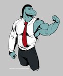 anthro biceps bottomwear clothing disney falcon_mccooper flexing hair hi_res lizard male muscular necktie pants reptile scalie septarian shirt solo star_vs._the_forces_of_evil toffee_(svtfoe) topwear torn_clothing triceps