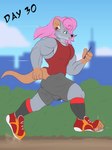 3:4 4_fingers anthro athletic_wear balls biceps big_balls big_bulge big_muscles big_penis bodily_fluids body_hair bottomwear bulge chest_hair clothed clothing cum expansion feet fingers footwear fur genital_fluids genitals grey_body grey_fur growth gym_bottomwear gym_shorts hair hair_growth hi_res huge_muscles male mammal murid murine muscle_growth muscular muscular_anthro muscular_male open_mouth pecs penis pink_hair precum precum_through_clothing rat rodent running sensitivity_increaser shorts socks solo tail teeth text topwear trace_(vezerem) vezerem wet wet_clothing