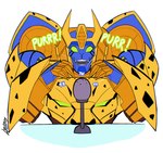 anthro asmr cheetah cheetor claws cute_fangs cybertronian desk electronics fangs felid feline furniture green_eyes hasbro hi_res humanoid lyndaxyart machine male mammal markings microphone purring robot solo spots spotted_body table takara_tomy teeth text transformers transformers:_beast_wars transformers:cyberverse