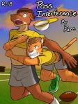 3:4 american_football anthro ball baseball_cap bottomwear bovid bovine bulge cattle clothed clothing comic cover cover_art cover_page crop_top duo felid fuze gridiron_ball hat headgear headwear hi_res joe_(texnatsu) male mammal midriff navel pantherine shirt shorts sport tackle texnatsu tiger topwear ty_conrad