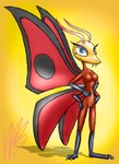 abstract_background antennae_(anatomy) anthro arthropod best_fiends blue_eyes breasts butterfly claws fangs featureless_breasts female genitals hi_res insect insect_wings jojo_(best_fiends) lepidopteran looking_at_viewer maulnarch_blooderfly non-mammal_breasts pussy solo teeth wings