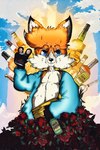 0l-fox-l0 2:3 2k_games absurd_res alcohol anthro beer beverage blue_eyes borderlands bottle canid canine clothing container digital_drawing_(artwork) digital_media_(artwork) flower fox foxo_(0l-fox-l0) fur hair happy hi_res male mammal messy_hair orange_body orange_fur petals plant robe rose_(flower) rose_petals short_height sky smile solo vodka whiskey yellow_body yellow_fur