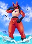 anthro anthro_focus balls biceps canid canine color_contrast day detailed_background extreme_size_difference fan_character flexing foreskin generation_4_pokemon genitals group hand_on_hip hi_res human humanoid_genitalia humanoid_penis lucario luciano_grimm macro male mammal mariam mariamame muscular nintendo outside penis pokemon pokemon_(species) red_body sea size_difference sky solo_focus water