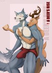 anthro barely_visible_genitalia barely_visible_penis beastars big_bulge blush bulge canid canid_kaiba canine canis cervine clothed clothing comic cover cover_art cover_page deer detailed_bulge duo erection erection_under_clothing facial_scar genital_outline genitals hi_res legoshi_(beastars) louis_(beastars) male male/male mammal muscular muscular_male penis penis_outline red_deer scar underwear wolf