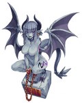 4:5 big_breasts bound breasts chain chained cuff_(restraint) female gargoyle grey_body grey_skin hi_res horn humanoid kenkou_cross membrane_(anatomy) membranous_wings monster_girl_(genre) monster_girl_encyclopedia not_furry purple_eyes restraints sculpture shackles solo spade_tail statue tail wings