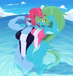 abs absurd_res anthro big_breasts blue_body breasts byghosteduard clothing detailed_background duo female green_hair hair hi_res liska_(scalie_schoolie) long_hair looking_at_viewer one-piece_swimsuit pink_body scalie_schoolie sky smile smiling_at_viewer swimwear undertale_(series) undyne yellow_eyes