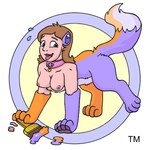 1:1 4_toes areola bicolored_fur blush blush_lines bodily_fluids breasts brown_hair collar collar_only collar_tag dipstick_tail feet felid female feral flying_sweatdrops fur green_eyes hair heart_collar_tag hi_res human_to_feral icaron lupe_(neopets) mammal markings mid_transformation mythological_creature mythological_sphinx mythology neopet_(species) neopets nipples nude open_mouth orange_body orange_fur paint paintbrush_(neopets) pawpads paws pink_areola pink_collar pink_nipples purple_body purple_ears purple_fur solo species_transformation sweat sweatdrop tail tail_markings toes transformation transformation_mechanism white_tail_tip