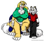 2009 anthro big_breasts big_bulge blonde_hair blue_eyes bottomwear breasts bulge canid canid_taur canine canine_taur canis chest_tuft clothing deon_(deonwolf) deonwolf detailed_bulge digital_media_(artwork) female fur gynomorph hair huge_breasts huge_bulge hyper hyper_bulge intersex male mammal mammal_taur multicolored_body multicolored_fur pants peach_(deonwolf) shirt taur topwear tuft two_tone_body two_tone_fur white_hair wolf yellow_eyes