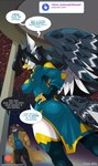 2024 anthro artist_name avian big_breasts black_hair black_sclera blue_eyes blue_hair breasts butt chalo clothed clothing coat duo english_text feather_(chalo) feathers felid female fully_clothed fur glowing glowing_eyes green_eyes grey_body grey_fur hair hand_on_hip hand_on_own_hip hi_res las_lindas legwear lion long_hair male mammal non-mammal_breasts pantherine patreon profanity sem_(chalo) speech_bubble standing text thick_thighs thigh_highs topwear url white_body white_feathers