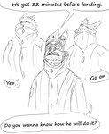 absurd_res anthro canid canine comic dialogue digital_drawing_(artwork) digital_media_(artwork) english_text eyewear female glasses group hi_res kofomy looking_up male mammal monochrome simple_background speech_bubble text trio white_background