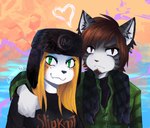 abstract_background alternative_fashion anthro arm_on_shoulder australian_shepherd blonde_hair brother_(lore) brother_and_sister_(lore) brown_hair canid canine canis clothed clothing cousins_(lore) cross cross_ear_piercing cute_fangs dark_eyes dark_hair domestic_cat domestic_dog duo ear_piercing eye_scar eyelashes facial_scar fangs felid feline felis female frown fur green_eyes greyscale hair half_body hat headgear headwear heart_symbol herding_dog hug incest_(lore) ligynkey logo long_hair longsleeve love male male/female mammal markings metalhead missshiba monochrome multicolored_body multicolored_fur pastoral_dog piercing romantic romantic_couple russian scar scarf sheepdog sheva_(fursona) shiba_(fursona) shirt sibling_(lore) sister_(lore) slipknot smile spots spotted_markings striped_markings stripes teeth topwear ushanka