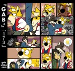 anthro beer_mug black_body black_fur bump canid canine canis city clothed clothing comic curled_tail dialogue domestic_dog electronics encounter english_text exclamation_point felid flashback fur gab_(comic) gab_shiba gabshiba group headphones hug lion male mammal outside pantherine pictographics question_mark romantic romantic_couple shiba_inu spitz tail text wolf wuff_(gabshiba) yellow_body yellow_fur