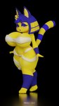 3d_(artwork) 4k 9:16 absurd_res animal_crossing ankha_(animal_crossing) anthro armwear bandage bandaged_chest bandaged_leg big_breasts black_background blue_armwear blue_clothing blue_legwear breasts clothing digital_media_(artwork) domestic_cat felid feline felis female hi_res legwear looking_at_viewer makeup mammal nintendo sheeple3d simple_background solo tail walking watermark